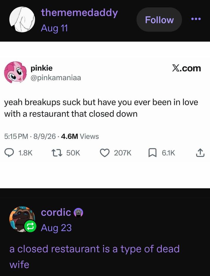 thememedaddy Aug 11 pinkie @pinkamaniaa Follow X.com yeah breakups suck but have you ever been in love. with a restaurant that closed down 5:15 PM 8/9/26 4.6M Views • 1.8K 150K 207K ☐ 6.1K cordic Aug 23 a closed restaurant is a type of dead wife