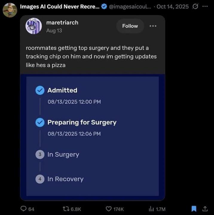 Images Al Could Never Recre... @imagesaicoul... Oct 14, 2025 maretriarch Aug 13 Follow roommates getting top surgery and they put a tracking chip on him and now im getting updates like hes a pizza Admitted 08/13/2025 12:00 PM Preparing for Surgery 08/13/2025 12:06 PM 3 In Surgery 4 In Recovery 64 16.8K 174K 1.7M 企