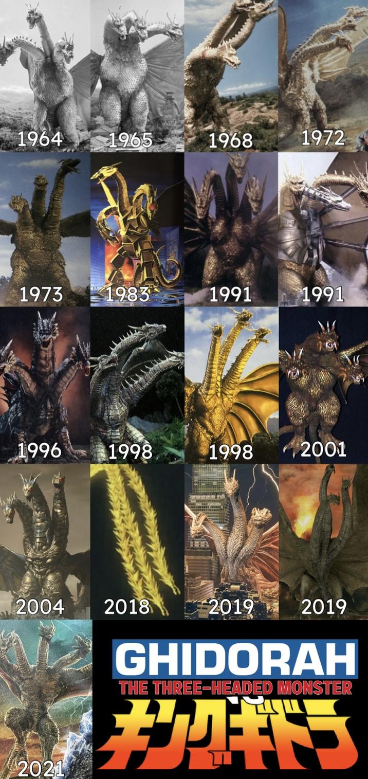 1964 1965 1968 1972 1973 1983 1991 1991 1996 1998 1998 2001 2004 2018 2019 2019 2021 GHIDORAH THE THREE-HEADED MONSTER キングギドラ