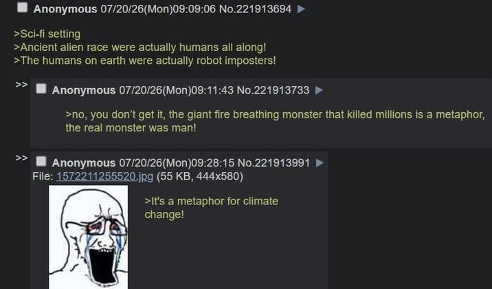 Anonymous 07/20/26(Mon)09:09:06 No.221913694 ► >Sci-fi setting >Ancient alien race were actually humans all along! >The humans on earth were actually robot imposters! Anonymous 07/20/26(Mon)09:11:43 No.221913733 ► >no, you don't get it, the giant fire breathing monster that killed millions is a metaphor, the real monster was man! Anonymous 07/20/26(Mon)09:28:15 No.221913991 ► File: 1572211255520.jpg (55 KB, 444x580) >It's a metaphor for climate change!