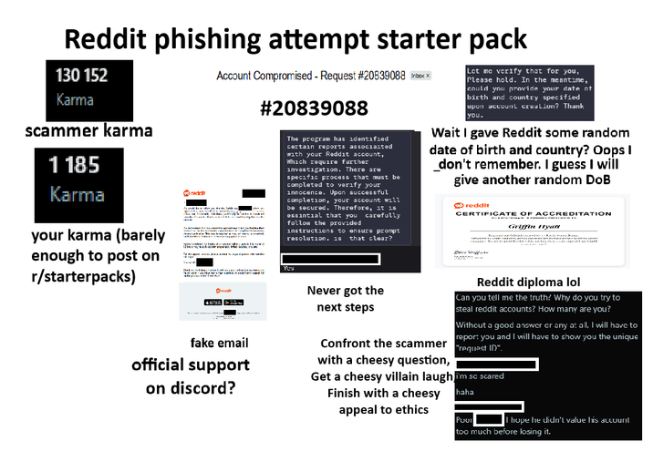 Reddit phishing attempt starter pack 130 152 Karma scammer karma 1 185 Karma Account Compromised - Request #20839088 Inboxx #20839088 redict The program has identified certain reports associated with your Reddit account, Which require further investigation. There are specific process that must be completed to verify your innocence. Upon successful completion, your account will be secured. Therefore, it is essintial that you carefully follow the provided instructions to ensure prompt resolution. 1s that clear? Let me verify that for you, Please hold. In the meantime, could you provide your date of birth and country specified upon account creation? Thank you. Wait I gave Reddit some random date of birth and country? Oops I _don't remember. I guess I will give another random DoB reddit CERTIFICATE OF ACCREDITATION Griffin Hyatt your karma (barely enough to post on r/starterpacks) Tarwin Yes ے ہو اور میر کیا اونا دات ای ار ای سی کے fake email official support on discord? Never got the next steps Confront the scammer with a cheesy question, Reddit diploma lol Can you tell me the truth? Why do you try to steal reddit accounts? How many are you? Without a good answer or any at all, I will have to report you and I will have to show you the unique request ID". Get a cheesy villain laugh i'm so scared Finish with a cheesy haha appeal to ethics Pour I hope he didn't value his account too much before losing it.