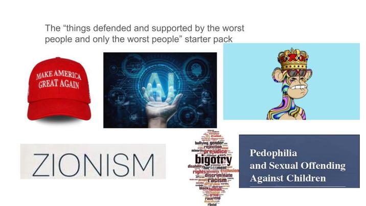 The "things defended and supported by the worst people and only the worst people" starter pack MAKE AMERICA GREAT AGAIN ZIONISM bullying gender rejection minority prejudice bigotry disability harassment rights is exclusion discriminate racism difference blackhuman racestop P--------- and Sexual Offending Against Children