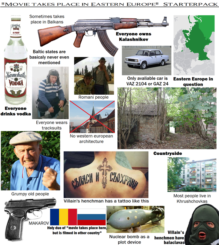 "MOVIE TAKES PLACE IN EASTERN EUROPE" STARTERPACK Kamchatka VODKA 80 PROOF 40% ALCIVOLIBO PROD Sometimes takes place in Balkans Kamchatka VODKA AMCHATKA COMPA Baltic states are basicaly never even mentioned Romani people Everyone drinks vodka Everyone wears tracksuits No western european Grumpy old people MAKAROV architecture Everyone owns Kalashnikov Only avaliable car is VAZ 2104 or GAZ 24 Eastern Europe in question И CHACHCHOFAN Countryside Villain's henchman has a tattoo like this Most people live in Khrushchovkas Holy duo of "movie takes place here, but is filmed in other country" Nuclear bomb as a Villain's henchmen have plot device balaclavas
