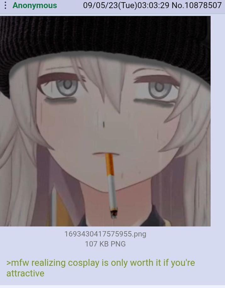 : Anonymous 09/05/23(Tue)03:03:29 No. 10878507 1693430417575955.png 107 KB PNG >mfw realizing cosplay is only worth it if you're attractive