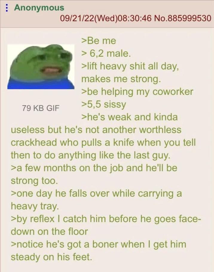 Anonymous 79 KB GIF 09/21/22(Wed)08:30:46 No.885999530 >Be me > 6,2 male. >lift heavy s--- all day, makes me strong. >be helping my coworker >5,5 sissy >he's weak and kinda useless but he's not another worthless crackhead who pulls a knife when you tell then to do anything like the last guy. >a few months on the job and he'll be strong too. >one day he falls over while carrying a heavy tray. >by reflex I catch him before he goes face- down on the floor >notice he's got a boner when I get him steady on his feet.