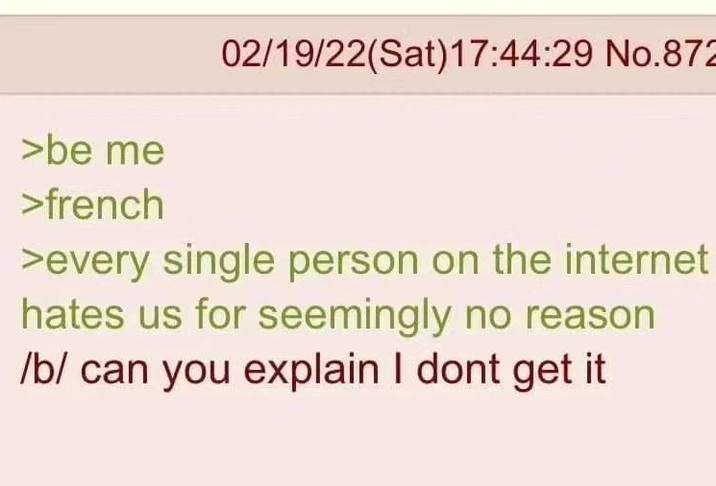 >be me >french 02/19/22(Sat) 17:44:29 No.872 >every single person on the internet hates us for seemingly no reason /b/ can you explain I dont get it