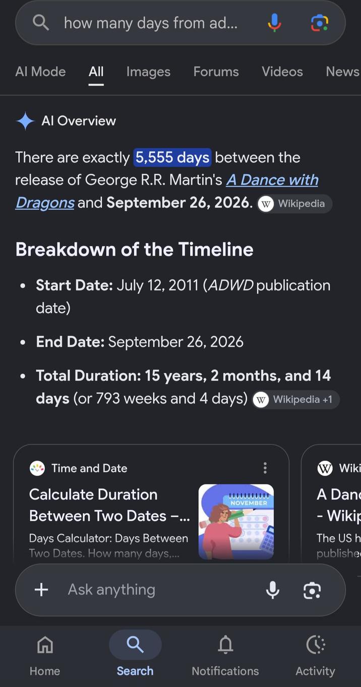 how many days from ad... Al Mode All Images Forums Videos News Al Overview There are exactly 5,555 days between the release of George R.R. Martin's A Dance with Dragons and September 26, 2026. W Wikipedia Breakdown of the Timeline • Start Date: July 12, 2011 (ADWD publication date) • End Date: September 26, 2026 • Total Duration: 15 years, 2 months, and 14 days (or 793 weeks and 4 days) W Wikipedia +1 Time and Date Calculate Duration Between Two Dates -... Days Calculator: Days Between Two Dates. How many days,... + Ask anything W Wiki A Dan NOVEMBER - Wikip The US h publishe Home Search Notifications Activity