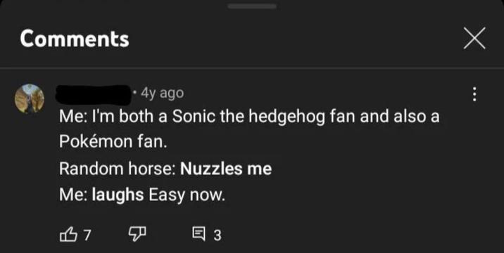 Comments ⚫4y ago Me: I'm both a Sonic the hedgehog fan and also a Pokémon fan. Random horse: Nuzzles me Me: laughs Easy now. 17 F 3 Х