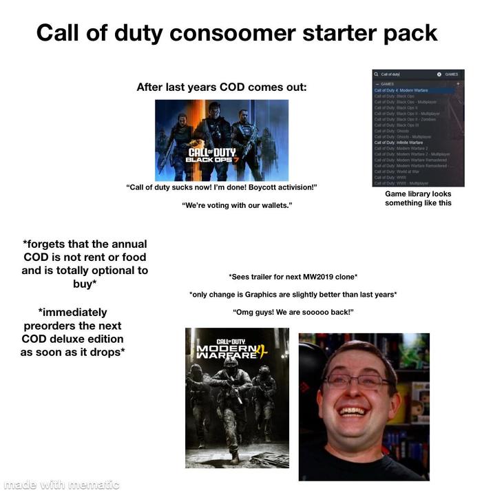 Call of duty consoomer starter pack After last years COD comes out: CALL OF DUTY BLACK OPS 7 "Call of duty sucks now! I'm done! Boycott activision!" "We're voting with our wallets." Q Call of duty - GAMES Call of Duty 4: Modern Warfare Call of Duty: Black Ops l of Duty: Black Ops - Multiplayer Call of Duty: Black Ops II Call of Duty: Black Ops II-Multiplayer Call of Duty: Black Ops II - Zombies Call of Duty: Black Ops Ill Call of Duty Ghosts Call of Duty: Ghosts-Multiplayer Call of Duty: Infinite Warfare Call of Duty: Modern Warfare 2 GAMES Call of Duty: Modern Warfare 2-Multiplayer Call of Duty: Modern Warfare Remastered Call of Duty: Modern Warfare Remastered- Call of Duty: World at War Call of Duty: WWII Call of Duty: WWII - Multiplayer Game library looks something like this *forgets that the annual COD is not rent or food and is totally optional to buy* *immediately preorders the next COD deluxe edition as soon as it drops* *Sees trailer for next MW2019 clone* *only change is Graphics are slightly better than last years* "Omg guys! We are sooooo back!" CALL DUTY MODERN/L WARFARE made with mematic