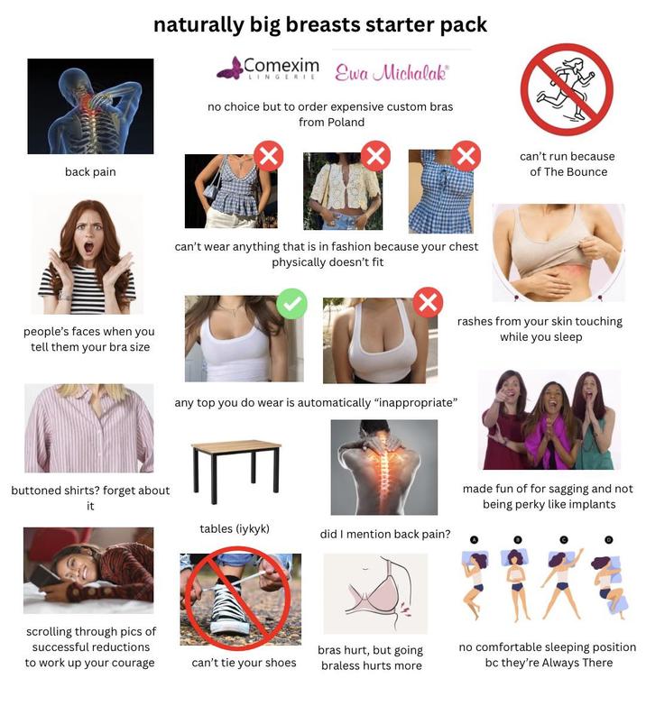 back pain people's faces when you tell them your bra size naturally big breasts starter pack Comexim LINGERIE Ewa Michalak no choice but to order expensive custom bras from Poland buttoned shirts? forget about it ✓ × × can't run because can't wear anything that is in fashion because your chest physically doesn't fit any top you do wear is automatically "inappropriate" tables (iykyk) did I mention back pain? of The Bounce rashes from your skin touching while you sleep made fun of for sagging and not being perky like implants scrolling through pics of successful reductions to work up your courage bras hurt, but going no comfortable sleeping position can't tie your shoes braless hurts more bc they're Always There