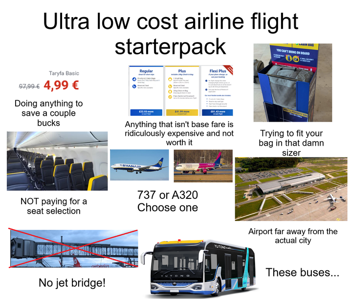 Ultra low cost airline flight starterpack CABIN BAG YOU CAN'T BRING ON BOARD CABIN BAG WON'T IF SMALL BAG WON'T FIT UNDER SEAT TOO BIG Taryfa Basic 97,99 € 4,99 € Doing anything to save a couple bucks Regular Great for short trips Priority & 2 Cabin Bags Board first, 10kg Cabin Bag and 1 Small Bag Reserved Seat Specific rows available £22.93 more on each flight Plus Includes 20kg Check-in Bag 1 Small Bag Must fit under the seat (40cm x 20cm x 25cm) Reserved Seat Specific rows available 20kg Check-in Bag Drop bag at check in desk Free check-in at the airport Up to 40 min tas before your tight £41.99 more Flexi Plus If your plans change, so can your booking No fight change fee when changing fight online (up to 2.5 tra pre-departure) or at the airport (up to 40 mins pre departure) Only pay the fare difference if applicable Our most flexible bundle also includes: Priority &2 Cabin Bags Reserve any seat type Fast Track through security Free check-in at the airport £81.43 more Anything that isn't base fare is ridiculously expensive and not worth it MAX 1x PRIORITY BAG 55x40x20cm Trying to fit your bag in that damn sizer RYANAIR NOT paying for a seat selection 737 or A320 Choose one ·Girberlin No jet bridge! YUTONG YUTONG 4 Airport far away from the actual city These buses...