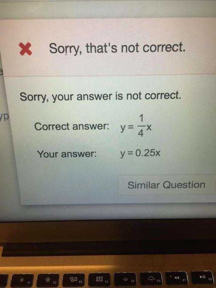 P × Sorry, that's not correct. Sorry, your answer is not correct. 1 Correct answer: y=4x Your answer: y = 0.25x Similar Question ➤11 80 000 23 DOD FA