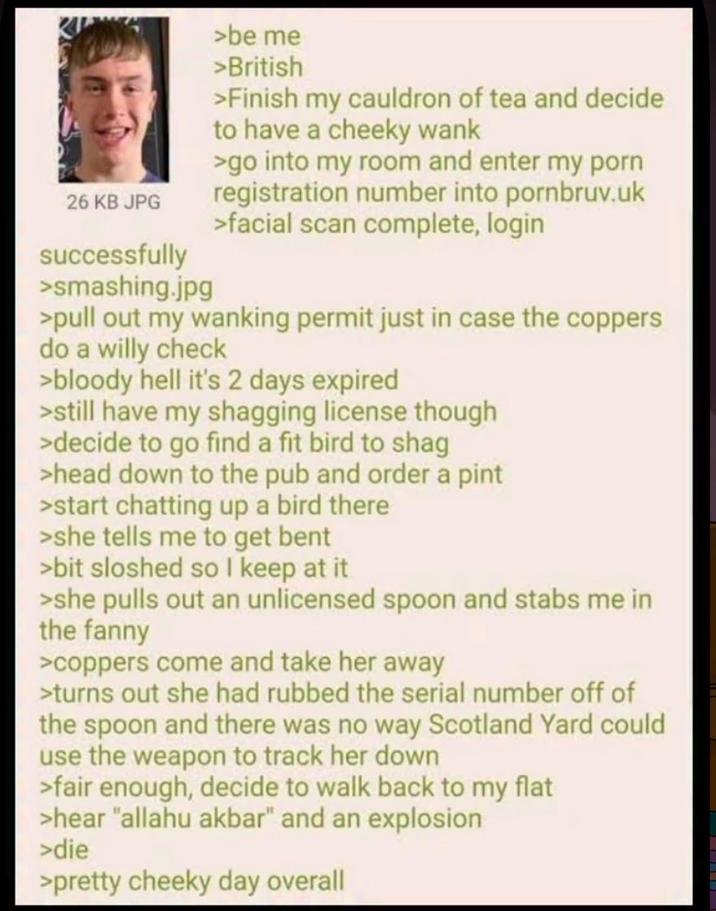26 KB JPG successfully >smashing.jpg >be me >British >Finish my cauldron of tea and decide to have a cheeky wank >go into my room and enter my p--- registration number into pornbruv.uk >facial scan complete, login >pull out my wanking permit just in case the coppers do a willy check >bloody hell it's 2 days expired >still have my shagging license though >decide to go find a fit bird to shag >head down to the pub and order a pint >start chatting up a bird there >she tells me to get bent >bit sloshed so I keep at it >she pulls out an unlicensed spoon and stabs me in the fanny >coppers come and take her away >turns out she had rubbed the serial number off of the spoon and there was no way Scotland Yard could use the weapon to track her down >fair enough, decide to walk back to my flat >hear "allahu akbar" and an explosion >die >pretty cheeky day overall