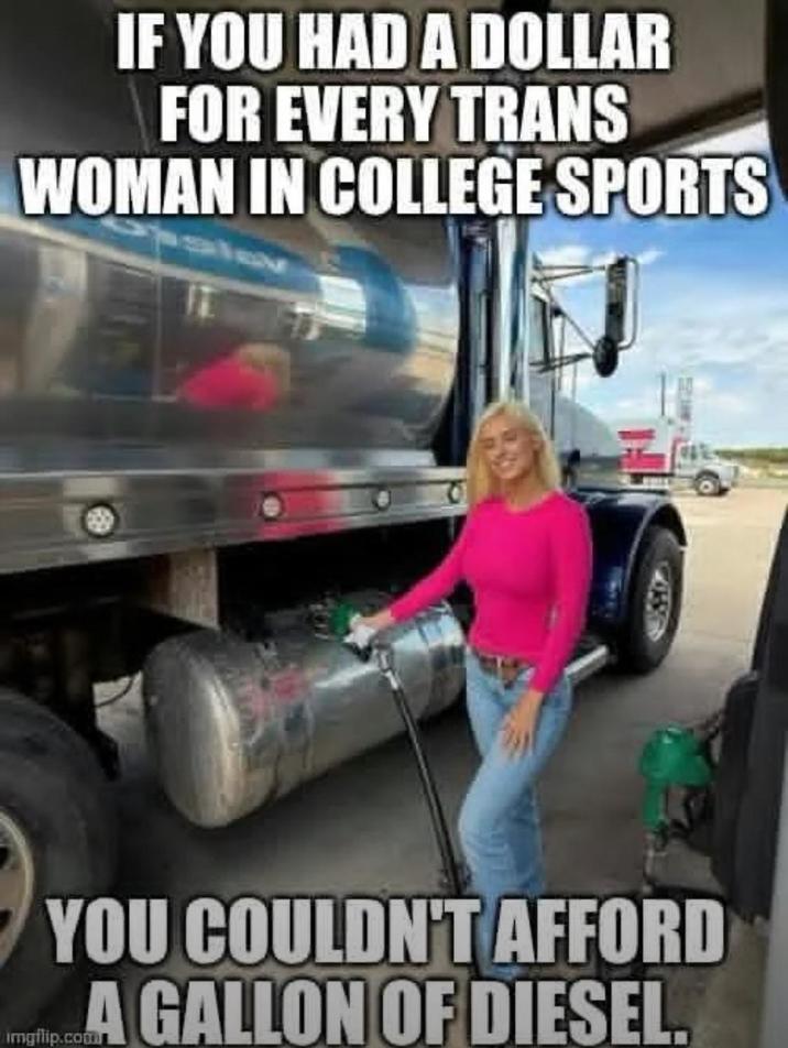 IF YOU HAD A DOLLAR FOR EVERY TRANS WOMAN IN COLLEGE SPORTS YOU COULDN'T AFFORD A GALLON OF DIESEL. Imgflip.com