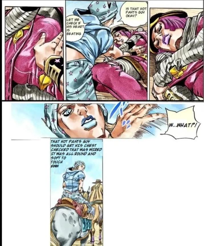 LET ME CHECK IF HIS HEART 15 BEATING THAT HOT PANTS GUY SHOULD GET HIS CHEST CHECKED THAT WAS WIRED IT WAS ALL ROUND AND SOFT TO TOUCH EWW 15 THAT HOT PANTS GUY OKAY? W..WHAT?!
