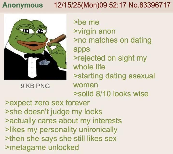 Anonymous 12/15/25(Mon)09:52:17 No.83396717 9 KB PNG >be me >virgin anon >no matches on dating apps >rejected on sight my whole life >starting dating asexual woman >solid 8/10 looks wise >expect zero sex forever >she doesn't judge my looks >actually cares about my interests >likes my personality unironically >then she says she still likes sex >metagame unlocked