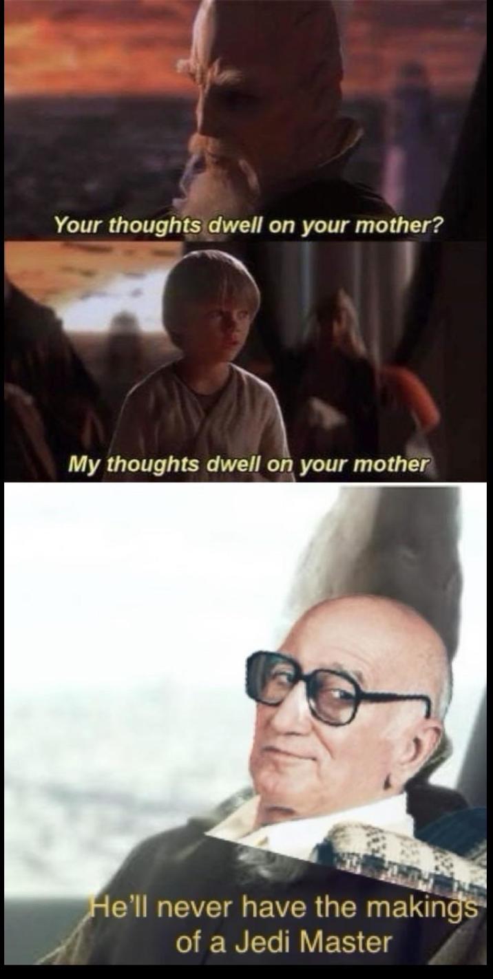 Your thoughts dwell on your mother? My thoughts dwell on your mother He'll never have the makings of a Jedi Master