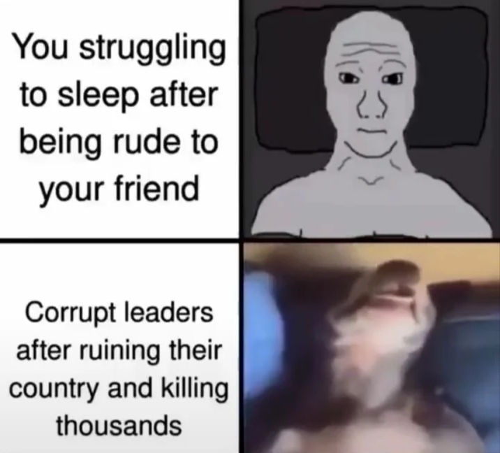 You struggling to sleep after being rude to your friend Corrupt leaders after ruining their country and killing thousands