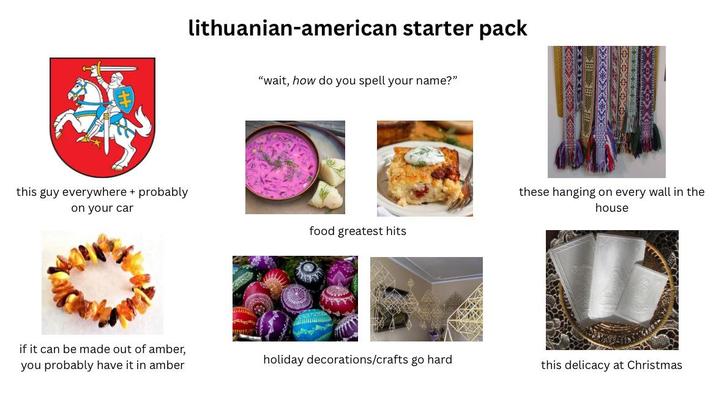 this guy everywhere + probably on your car lithuanian-american starter pack "wait, how do you spell your name?" food greatest hits these hanging on every wall in the house if it can be made out of amber, you probably have it in amber holiday decorations/crafts go hard this delicacy at Christmas