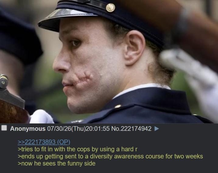 Anonymous 07/30/26(Thu)20:01:55 No.222174942 >>222173893 (OP) >tries to fit in with the cops by using a hard r >ends up getting sent to a diversity awareness course for two weeks >now he sees the funny side