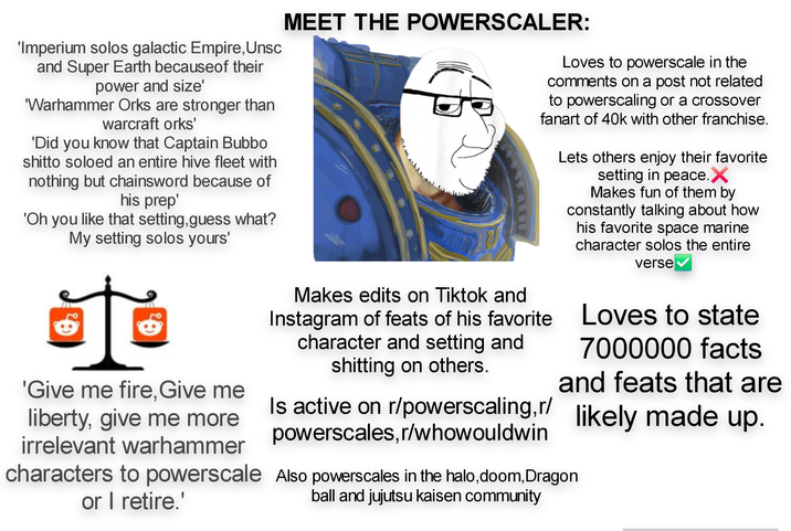 'Imperium solos galactic Empire, Unsc and Super Earth becauseof their power and size' 'Warhammer Orks are stronger than warcraft orks' 'Did you know that Captain Bubbo shitto soloed an entire hive fleet with nothing but chainsword because of his prep' 'Oh you like that setting, guess what? My setting solos yours' MEET THE POWERSCALER: Loves to powerscale in the comments on a post not related to powerscaling or a crossover fanart of 40k with other franchise. Lets others enjoy their favorite setting in peace. ✗ Makes fun of them by constantly talking about how his favorite space marine character solos the entire verse 'Give me fire, Give me liberty, give me more irrelevant warhammer characters to powerscale or I retire.' Makes edits on Tiktok and Instagram of feats of his favorite character and setting and s------- on others. Loves to state 7000000 facts and feats that are Is active on r/powerscaling.r/ likely made up. powerscales,r/whowouldwin Also powerscales in the halo, doom, Dragon ball and jujutsu kaisen community