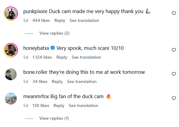 punkpixxie Duck cam made me very happy thank you 5d 454 likes Reply See translation View replies (2) honeybatxx Very spook, much scare 10/10 5d 1.124 likes Reply See translation bone.roller they're doing this to me at work tomorrow 5d 34 likes Reply See translation meanmrfox Big fan of the duck cam 5d 130 likes Reply See translation View replies (1) 3