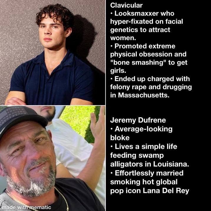 Clavicular • Looksmaxxer who hyper-fixated on facial genetics to attract women. O Promoted extreme physical obsession and "bone smashing" to get girls. Ended up charged with felony r--- and drugging in Massachusetts. made with mematic Jeremy Dufrene • Average-looking bloke . ⚫ Lives a simple life feeding swamp alligators in Louisiana. • Effortlessly married smoking hot global pop icon Lana Del Rey