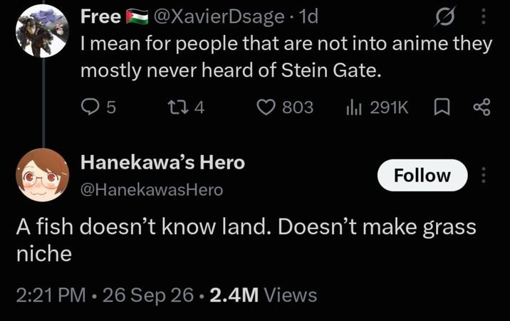 Free @Xavier Dsage. 1d I mean for people that are not into anime they mostly never heard of Stein Gate. 5 174 803 ili 291K ☐ Hanekawa's Hero @HanekawasHero Follow A fish doesn't know land. Doesn't make grass niche 2:21 PM 26 Sep 26. 2.4M Views