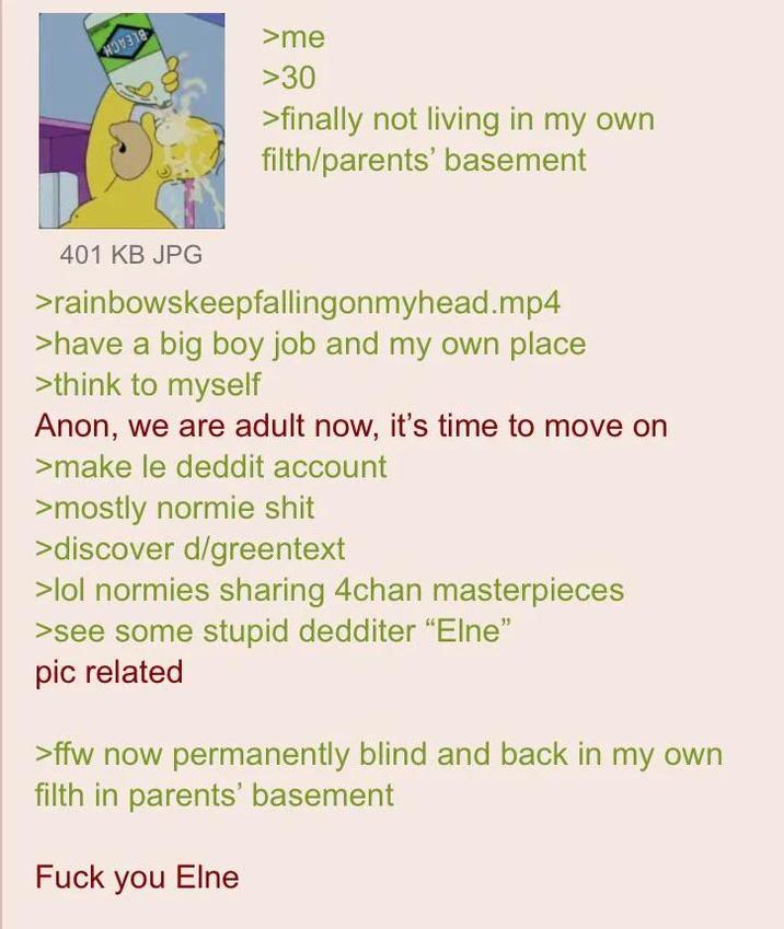 HOVE >me >30 >finally not living in my own filth/parents' basement 401 KB JPG >rainbowskeepfallingonmyhead.mp4 >have a big boy job and my own place >think to myself Anon, we are adult now, it's time to move on >make le deddit account >mostly normie s--- >discover d/greentext >lol normies sharing 4chan masterpieces >see some stupid dedditer "Elne" pic related >ffw now permanently blind and back in my own filth in parents' basement F--- you Elne