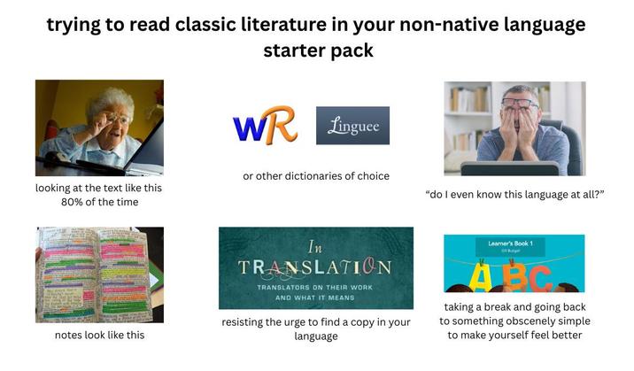trying to read classic literature in your non-native language starter pack WR Linguee or other dictionaries of choice looking at the text like this 80% of the time "do I even know this language at all?" notes look like this In TRANSLATION TRANSLATORS ON THEIR WORK AND WHAT IT MEANS resisting the urge to find a copy in your language Learner's Book 1 Gil Budge 4 BC taking a break and going back to something obscenely simple to make yourself feel better