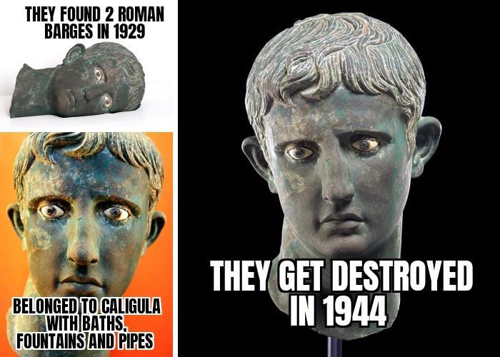 THEY FOUND 2 ROMAN BARGES IN 1929 BELONGED TO CALIGULA WITH BATHS, FOUNTAINS AND PIPES THEY GET DESTROYED IN 1944
