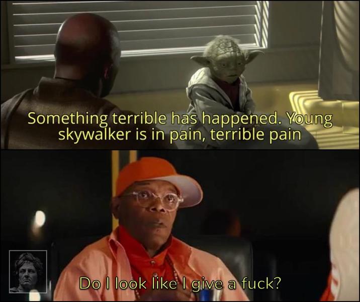 Something terrible has happened. Young skywalker is in pain, terrible pain Do I look like I give a f---?