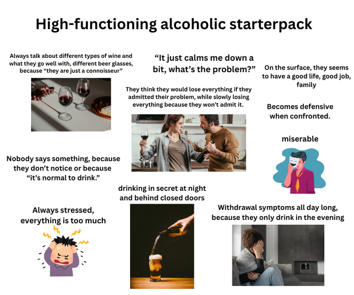 High-functioning alcoholic starterpack Always talk about different types of wine and what they go well with, different beer glasses, because "they are just a connoisseur" "It just calms me down a bit, what's the problem?" They think they would lose everything if they admitted their problem, while slowly losing everything because they won't admit it. On the surface, they seems to have a good life, good job, family Becomes defensive when confronted. miserable Nobody says something, because they don't notice or because "it's normal to drink." Always stressed, everything is too much drinking in secret at night and behind closed doors Withdrawal symptoms all day long, because they only drink in the evening