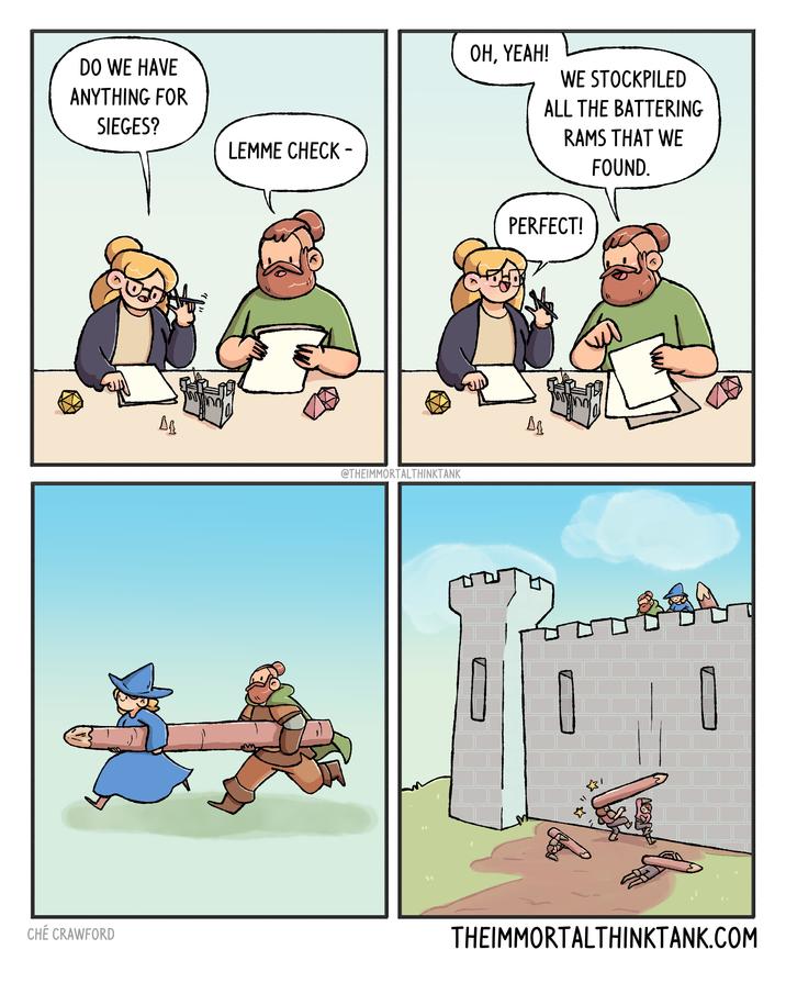 DO WE HAVE ANYTHING FOR SIEGES? Δη LEMME CHECK - - OH, YEAH! WE STOCKPILED ALL THE BATTERING RAMS THAT WE PERFECT! FOUND. @THEIMMORTALTHINKTANK BB ㄧˋ 0 CHÉ CRAWFORD THEIMMORTALTHINKTANK.COM