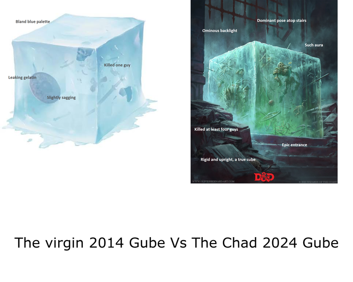 Bland blue palette Leaking gelatin Slightly sagging Killed one guy Dominant pose atop stairs Ominous backlight Killed at least four guys Such aura Epic entrance Rigid and upright, a true cube WWW.OLIVIERBERNARD-ART.COM D&D © 2025 WIZARDS OF THE COAST The virgin 2014 Gube Vs The Chad 2024 Gube
