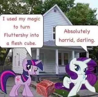 I used my magic to turn Fluttershy into a flesh cube. Absolutely horrid, darling.