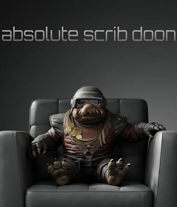 Biddy Blas lounging in a leather armchair under the words absolute scrib doon.