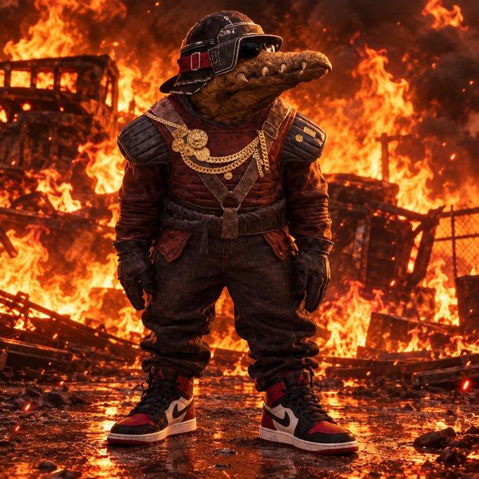 Biddy Blas standing in front of burning wreckage, wearing sneakers.