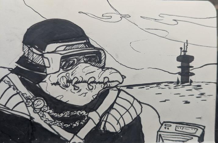 An ink drawing of Biddy Blas in his goggles beside a ship.