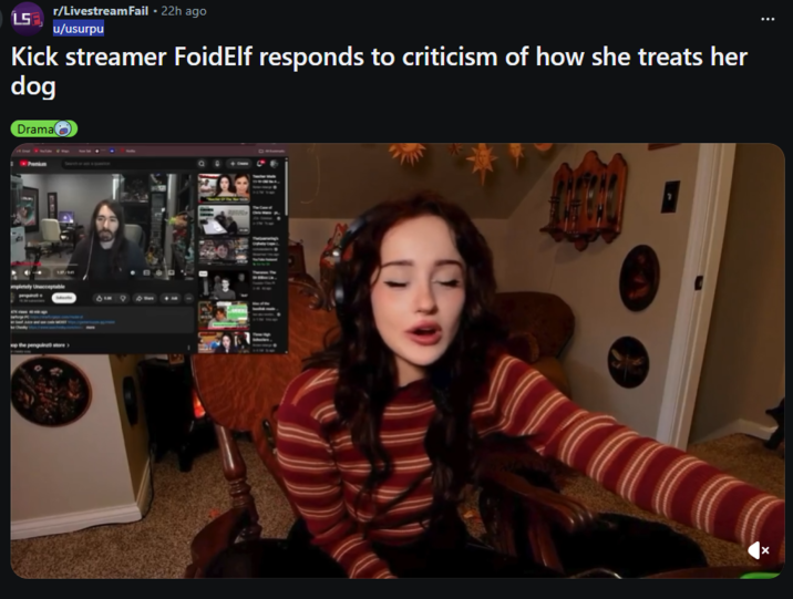 r/LivestreamFail - 22h ago LSF, u/usurpu Kick streamer FoidElf responds to criticism of how she treats her dog Drama→ C Q÷ ×