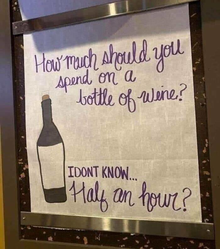 How much should you spend on a bottle of wine? IDONT KNOW... Half an hour?