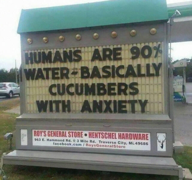HUMANS ARE 90% WATER BASICALLY CUCUMBERS WITH ANXIETY ROY'S GENERAL STORE HENTSCHEL HARDWARE 963 E. Hammond Rd. 3 Mile Rd. Traverse City, Mi, 49686 facebook.com/RoysGeneralStore