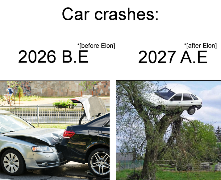Car crashes: *[before Elon] *[after Elon] 2027 A.E 2026 B.E