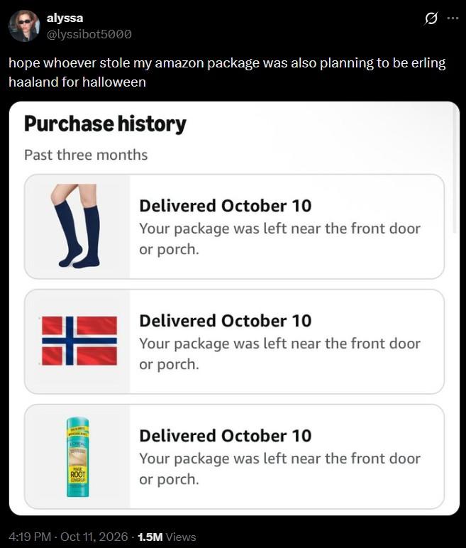 alyssa @lyssibot5000 hope whoever stole my amazon package was also planning to be erling haaland for halloween Purchase history Past three months ROOT COVERSP Delivered October 10 Your package was left near the front door or porch. Delivered October 10 Your package was left near the front door or porch. Delivered October 10 Your package was left near the front door or porch. 4:19 PM - Oct 11, 2026 1.5M Views