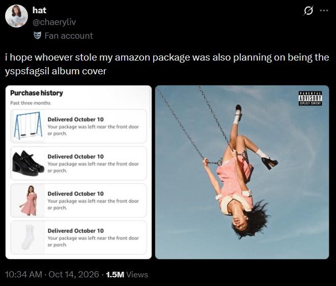 hat @chaeryliv Fan account i hope whoever stole my amazon package was also planning on being the yspsfagsil album cover Purchase history Past three months Delivered October 10 Your package was left near the front door or porch. ADVISORY EXPLICIT CONTENT Delivered October 10 Your package was left near the front door or porch. Delivered October 10 Your package was left near the front door or porch. Delivered October 10 Your package was left near the front door or porch. 10:34 AM - Oct 14, 2026 1.5M Views