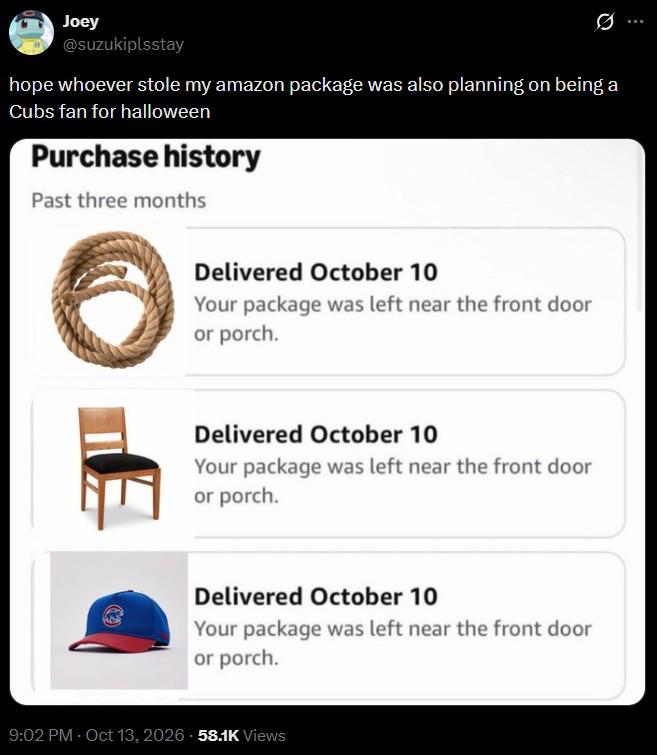 Joey @suzukiplsstay hope whoever stole my amazon package was also planning on being a Cubs fan for halloween Purchase history Past three months Delivered October 10 Your package was left near the front door or porch. Delivered October 10 Your package was left near the front door or porch. Delivered October 10 Your package was left near the front door or porch. 9:02 PM - Oct 13, 2026 58.1K Views