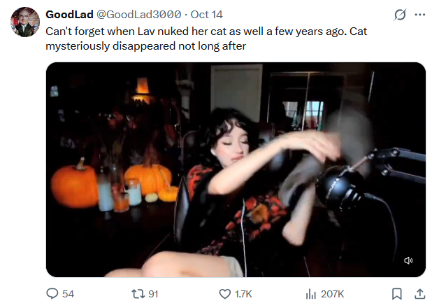 O GoodLad @GoodLad3000 - Oct 14 Can't forget when Lav nuked her cat as well a few years ago. Cat mysteriously disappeared not long after 54 191 1.7K ill 207K 1 D