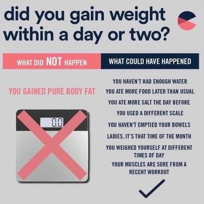 did you gain weight within a day or two? WHAT DID NOT HAPPEN WHAT COULD HAVE HAPPENED YOU GAINED PURE BODY FAT 0.0 YOU HAVEN'T HAD ENOUGH WATER YOU ATE MORE FOOD LATER THAN USUAL YOU ATE MORE SALT THE DAY BEFORE YOU USED A DIFFERENT SCALE YOU HAVEN'T EMPTIED YOUR BOWELS LADIES, IT'S THAT TIME OF THE MONTH YOU WEIGHED YOURSELF AT DIFFERENT TIMES OF DAY YOUR MUSCLES ARE SORE FROM A RECENT WORKOUT