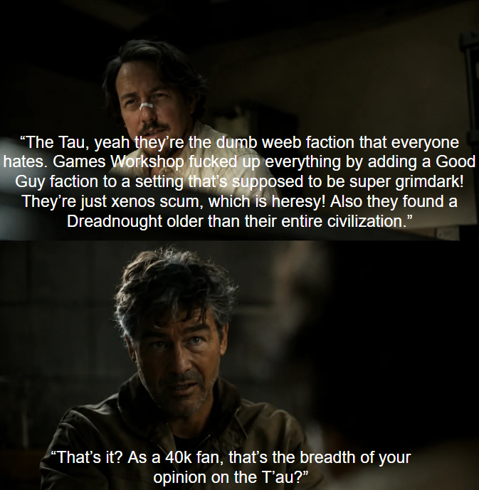 "The Tau, yeah they're the dumb weeb faction that everyone hates. Games Workshop f----- up everything by adding a Good Guy faction to a setting that's supposed to be super grimdark! They're just xenos scum, which is heresy! Also they found a Dreadnought older than their entire civilization." "That's it? As a 40k fan, that's the breadth of your opinion on the T'au?"