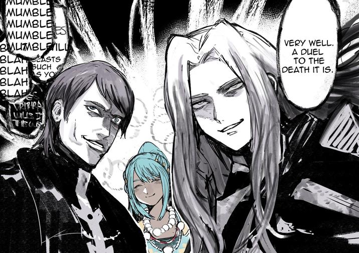 MUMBLE MUMBLE MUMBLES BMUMBLE ILL BLANCASTS BLAH SUCH BLAH YO VERY WELL. A DUEL TO THE DEATH IT IS. BLAH RIBIRA WILST THEWS